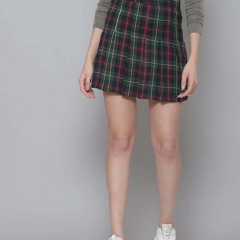 Green & Navy Blue Checked A-Line Pure Cotton Skirt