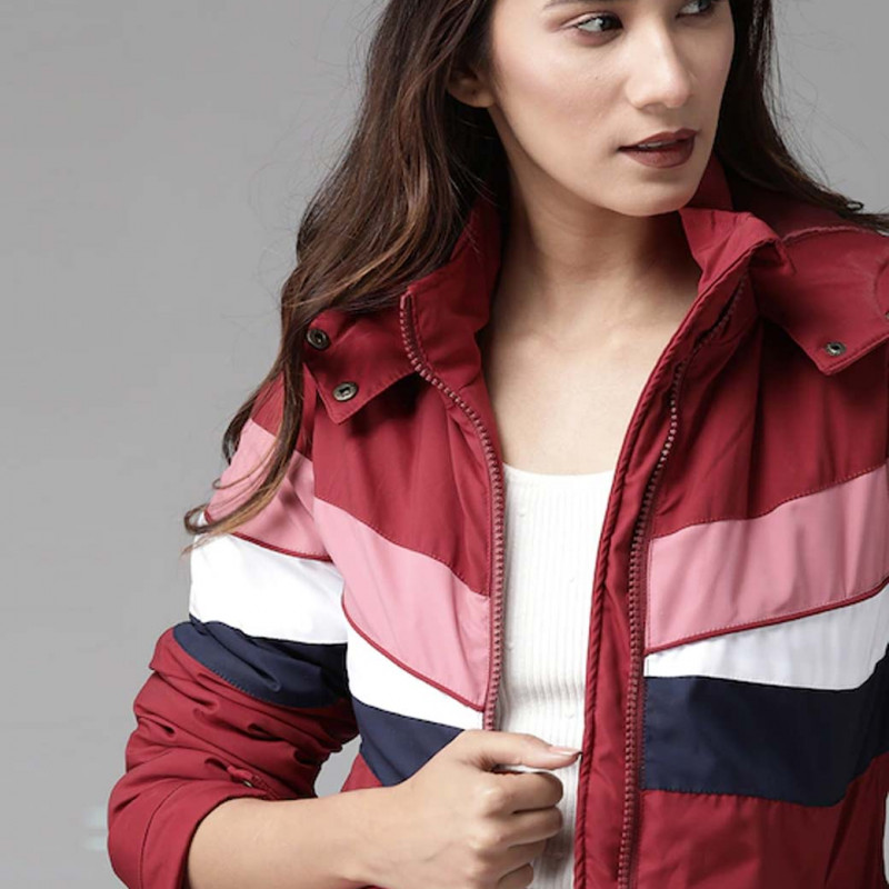 Women Maroon & Navy Blue Striped Hooded Padded Jacket