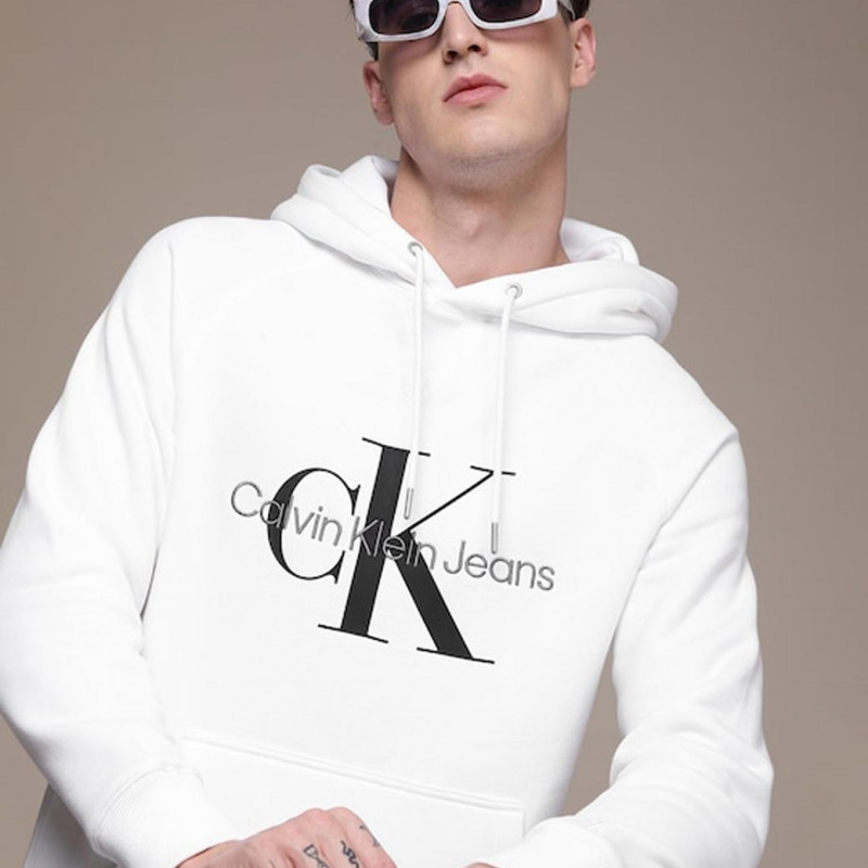 "Men White Printed Hooded Sweatshirt "