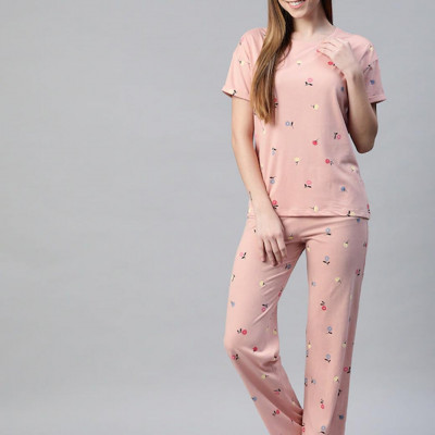 "Women Pink & Navy Blue Printed Night suit "