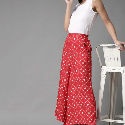 Women Red & White Printed Wide Leg Palazzos