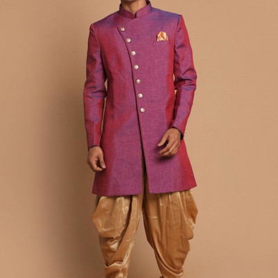 Men Magenta & Rose Gold Silk Blend Sherwani With Patiala