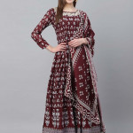 Women Coffee Brown & Off-White Floral Block Printed Anarkali Kurta with Dupatta