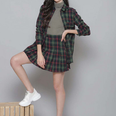 Green & Navy Blue Checked A-Line Pure Cotton Skirt