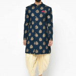 Men Navy Blue & Gold Printed Sherwani with Dhoti Pants