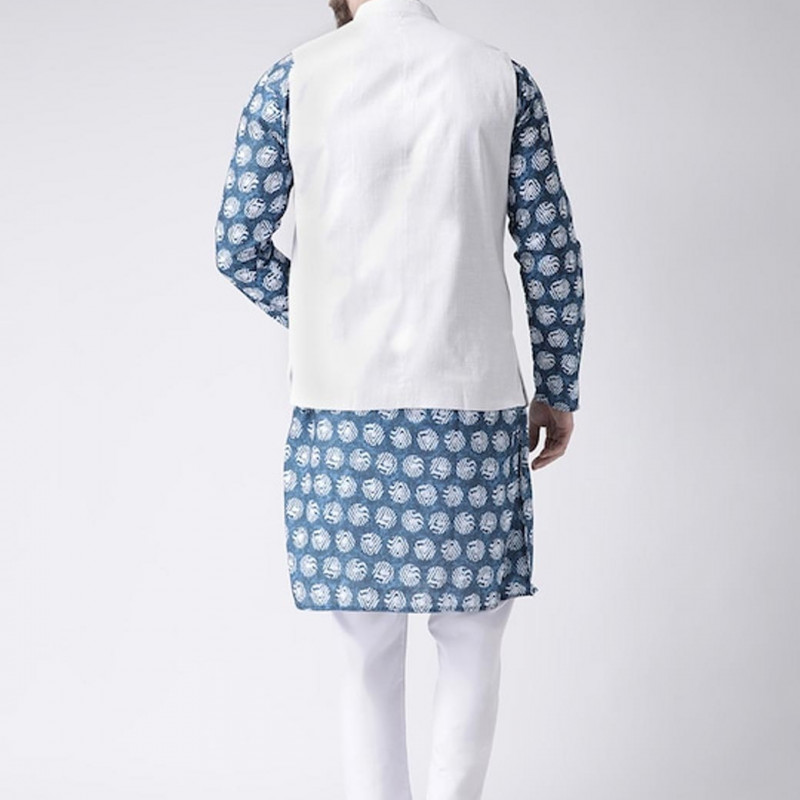 Men White Floral Printed Kurta with Churidar