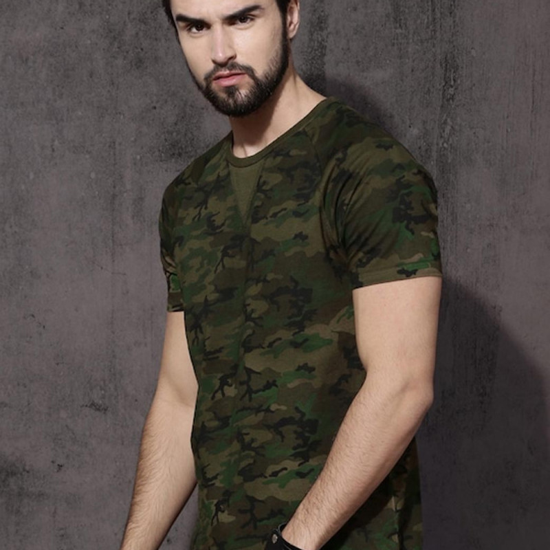 Men Olive Green Camouflage Round Neck T-shirt